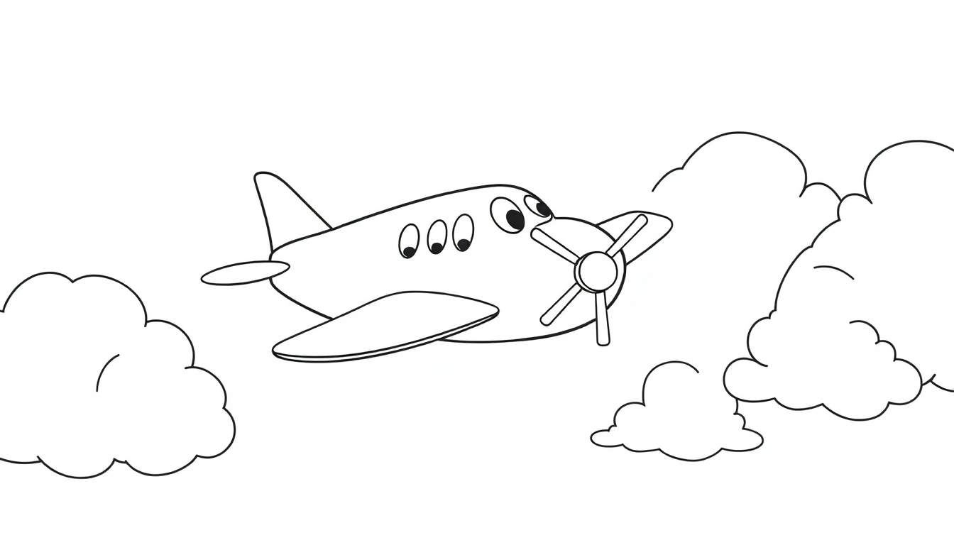 A friendly black and white cartoon airplane with big eyes, flying through puffy clouds. This is a color panel for kids.