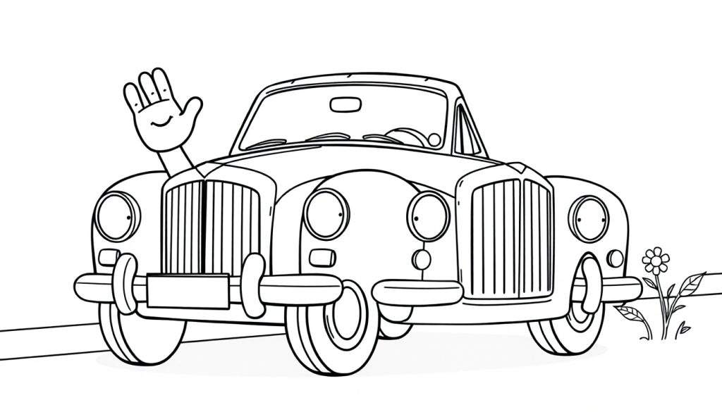 A black and white cartoon of a cute Bentley car waving hello from its driver's side window, perfect for a color panel.
