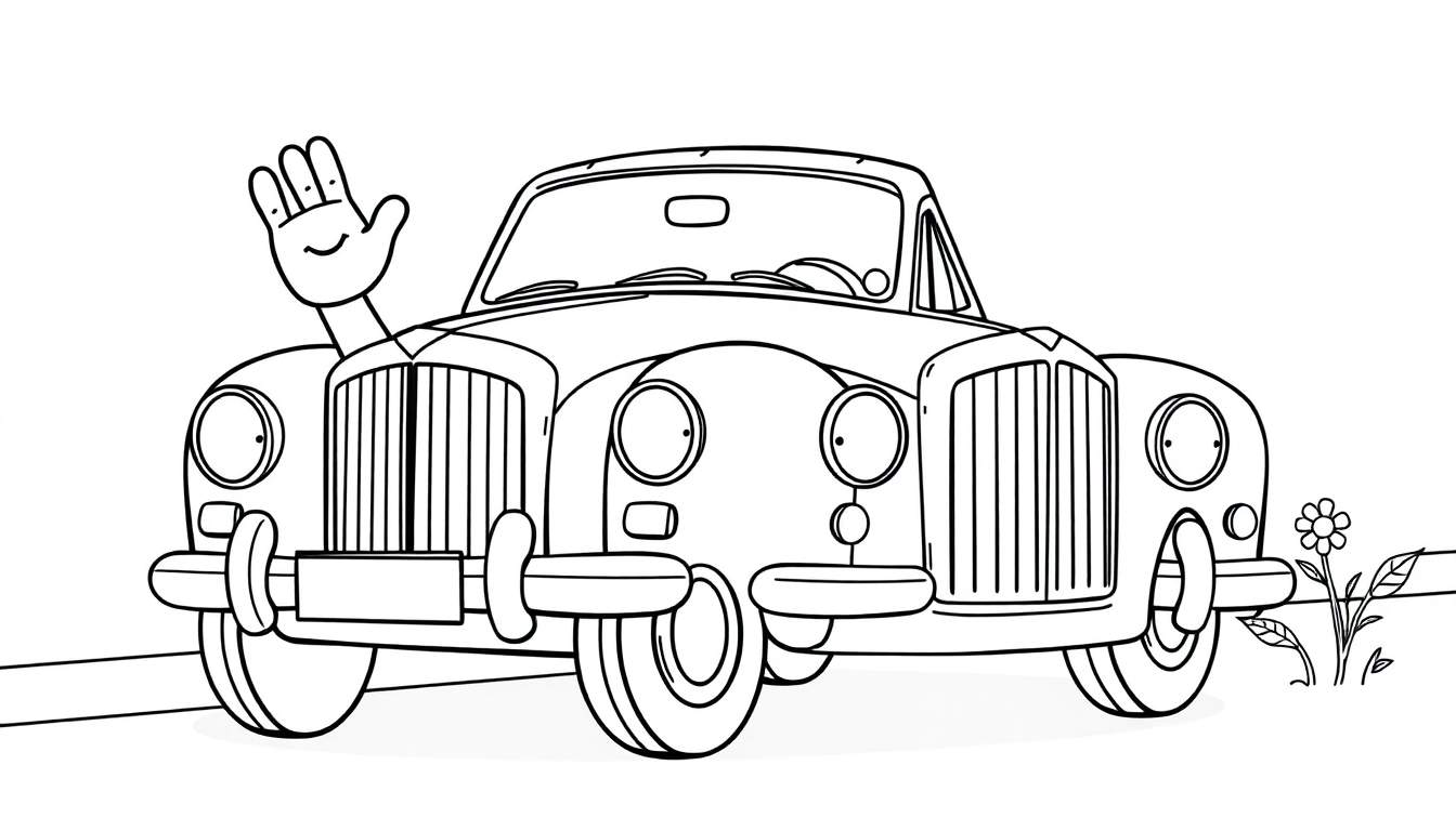 A black and white cartoon of a cute Bentley car waving hello from its driver's side window, perfect for a color panel.