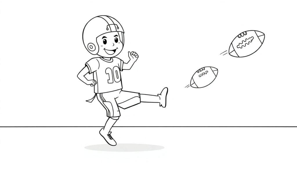 Cute cartoon boy in a football uniform kicking a ball, a black and white color panel.