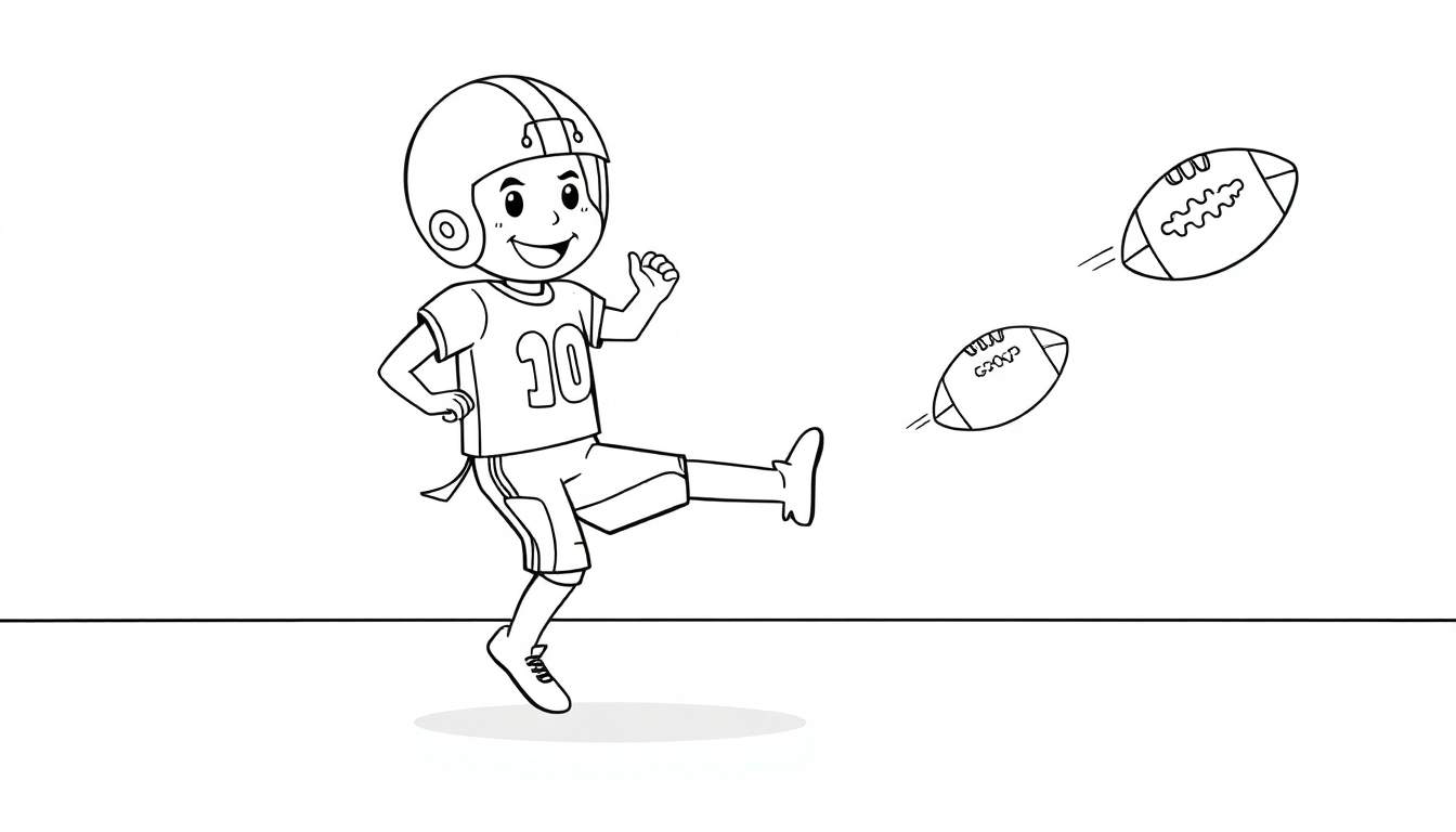 Cute cartoon boy in a football uniform kicking a ball, a black and white color panel.