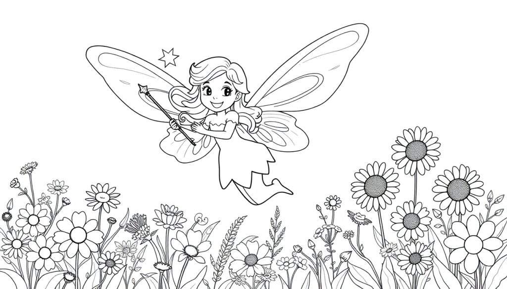 A black and white color panel of a happy fairy with detailed wings flying over a field of flowers, holding a star wand.