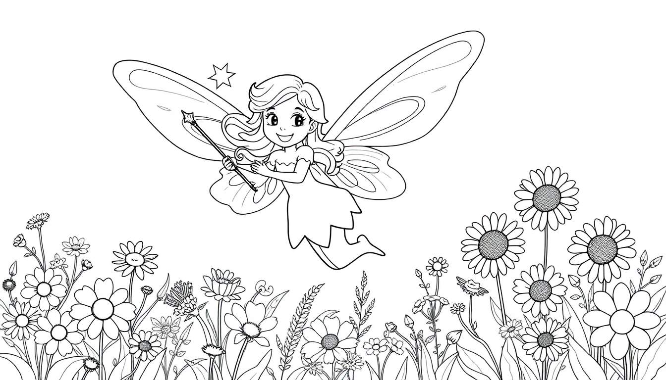 A black and white color panel of a happy fairy with detailed wings flying over a field of flowers, holding a star wand.