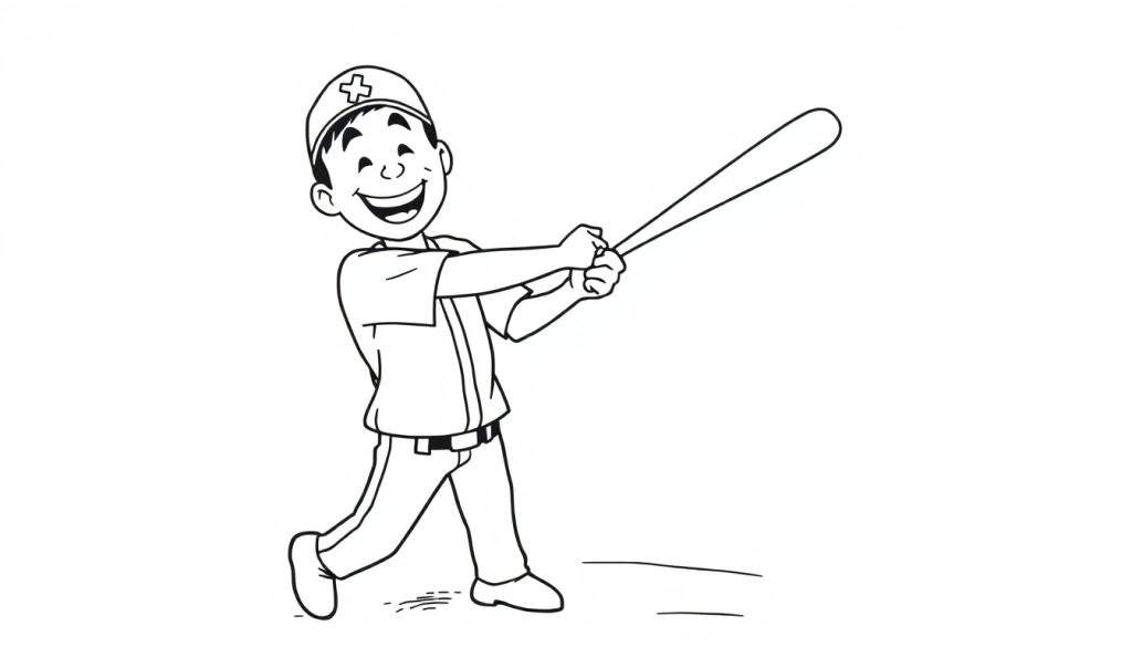 Happy baseball player swinging a bat, a fun color panel for kids.