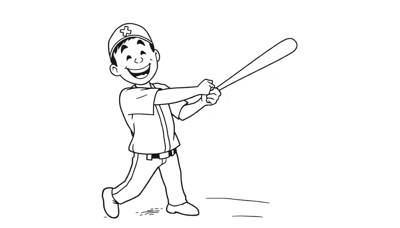 Happy baseball player swinging a bat, a fun color panel for kids.