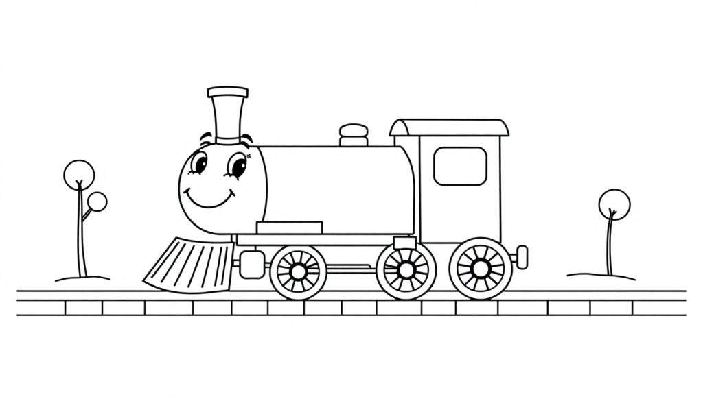 A cheerful cartoon steam train ready for a color panel adventure.