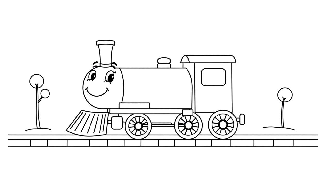 A cheerful cartoon steam train ready for a color panel adventure.