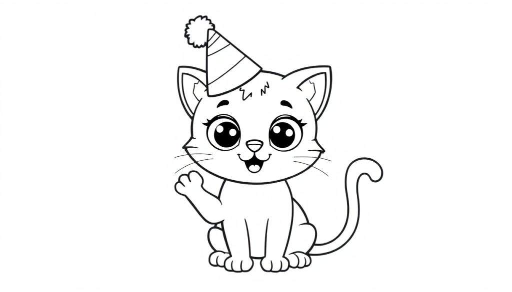 A cute cartoon cat wearing a party hat, a fun color panel to color, waving its paw.