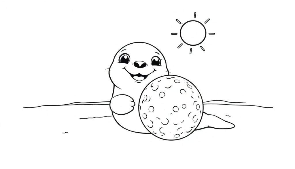 A cute seal playing with a ball, a sunny day color panel.