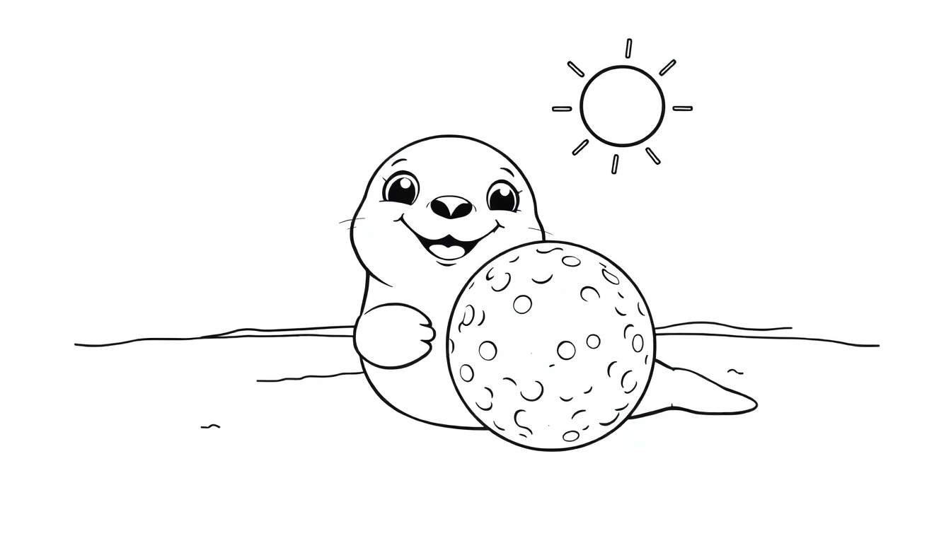 A cute seal playing with a ball, a sunny day color panel.