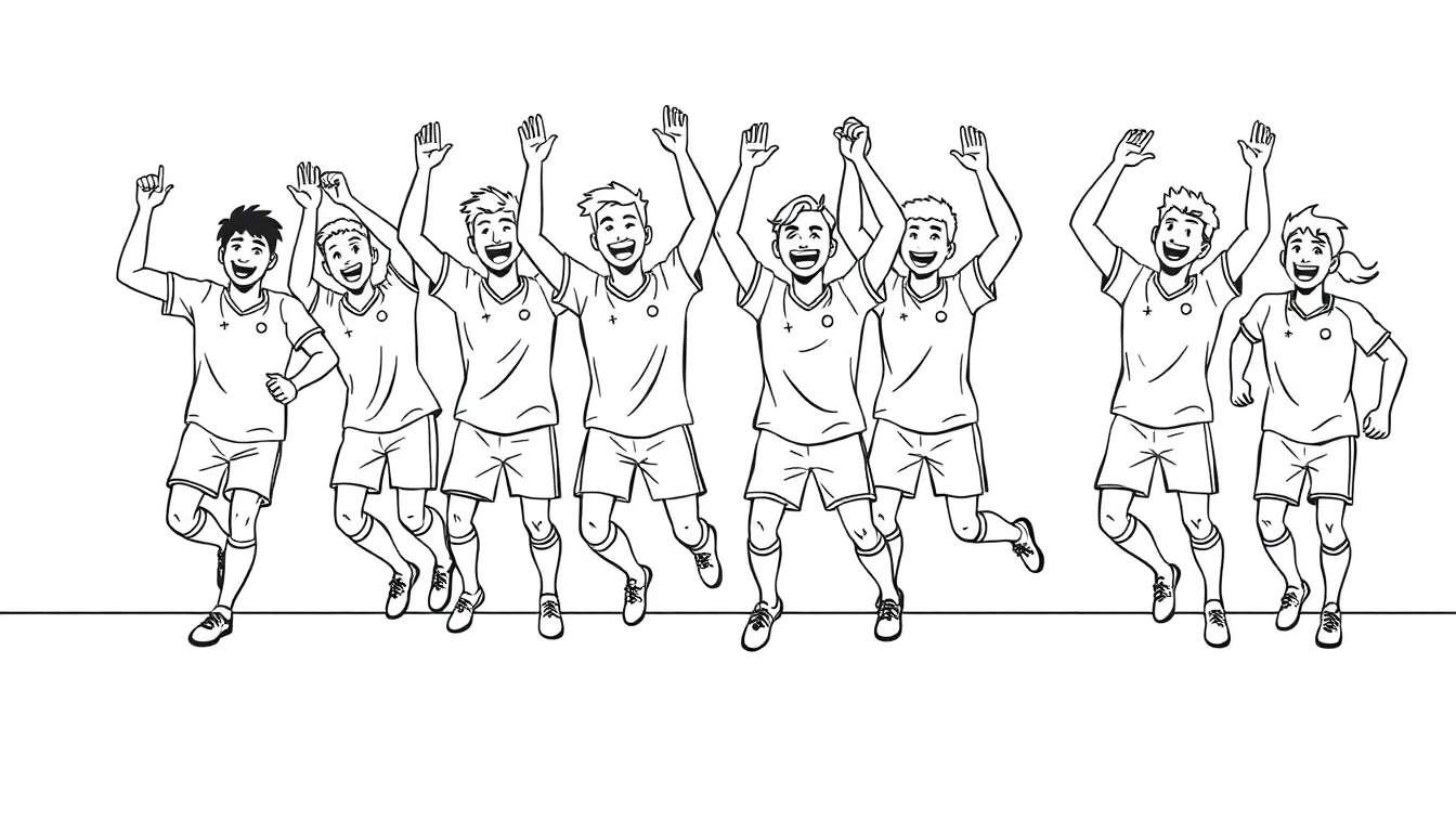 Eight cartoon soccer players jumping in the air with their arms raised in celebration, all in black and white outline style.