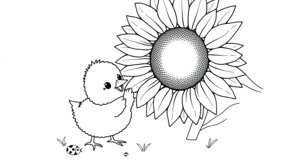 A fluffy baby chick looking up at a giant sunflower, ready to be colored in this fun color panel! A little ladybug is also on the color panel.