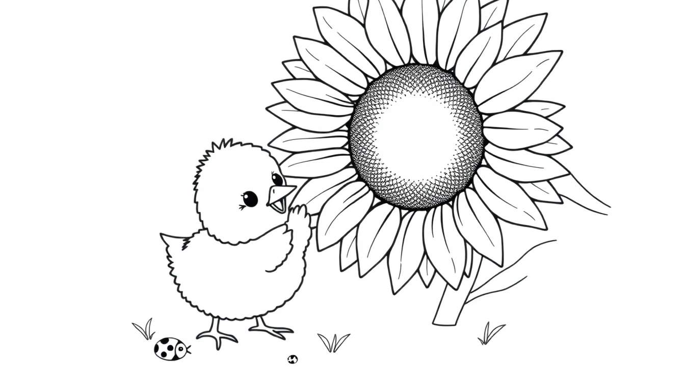A fluffy baby chick looking up at a giant sunflower, ready to be colored in this fun color panel! A little ladybug is also on the color panel.