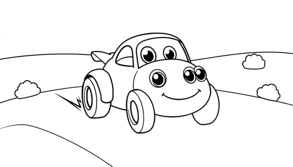 A happy black and white cartoon car with big eyes and a smile, on a simple landscape color panel.