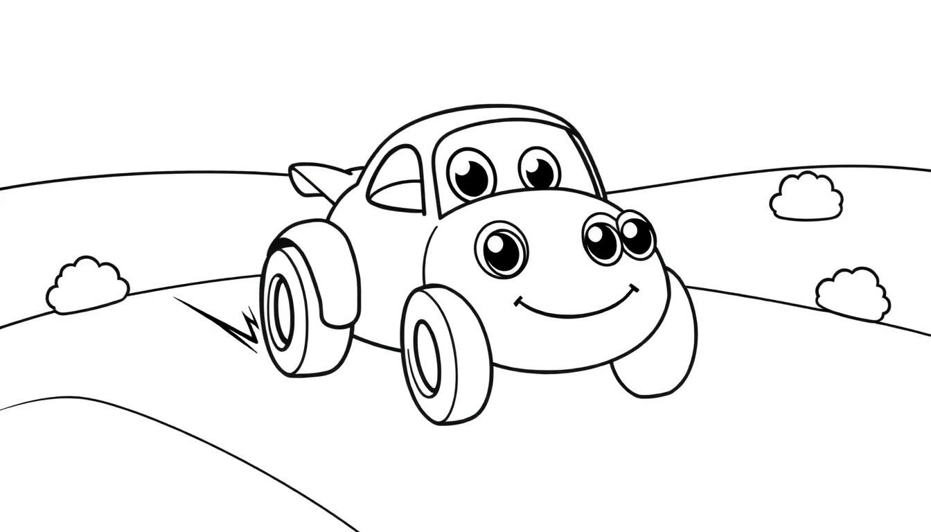 A happy black and white cartoon car with big eyes and a smile, on a simple landscape color panel.