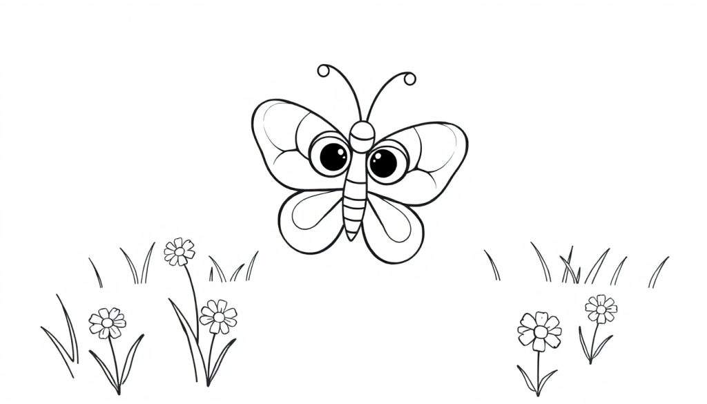 A cute black and white butterfly with big eyes, on a color panel, ready to be colored.