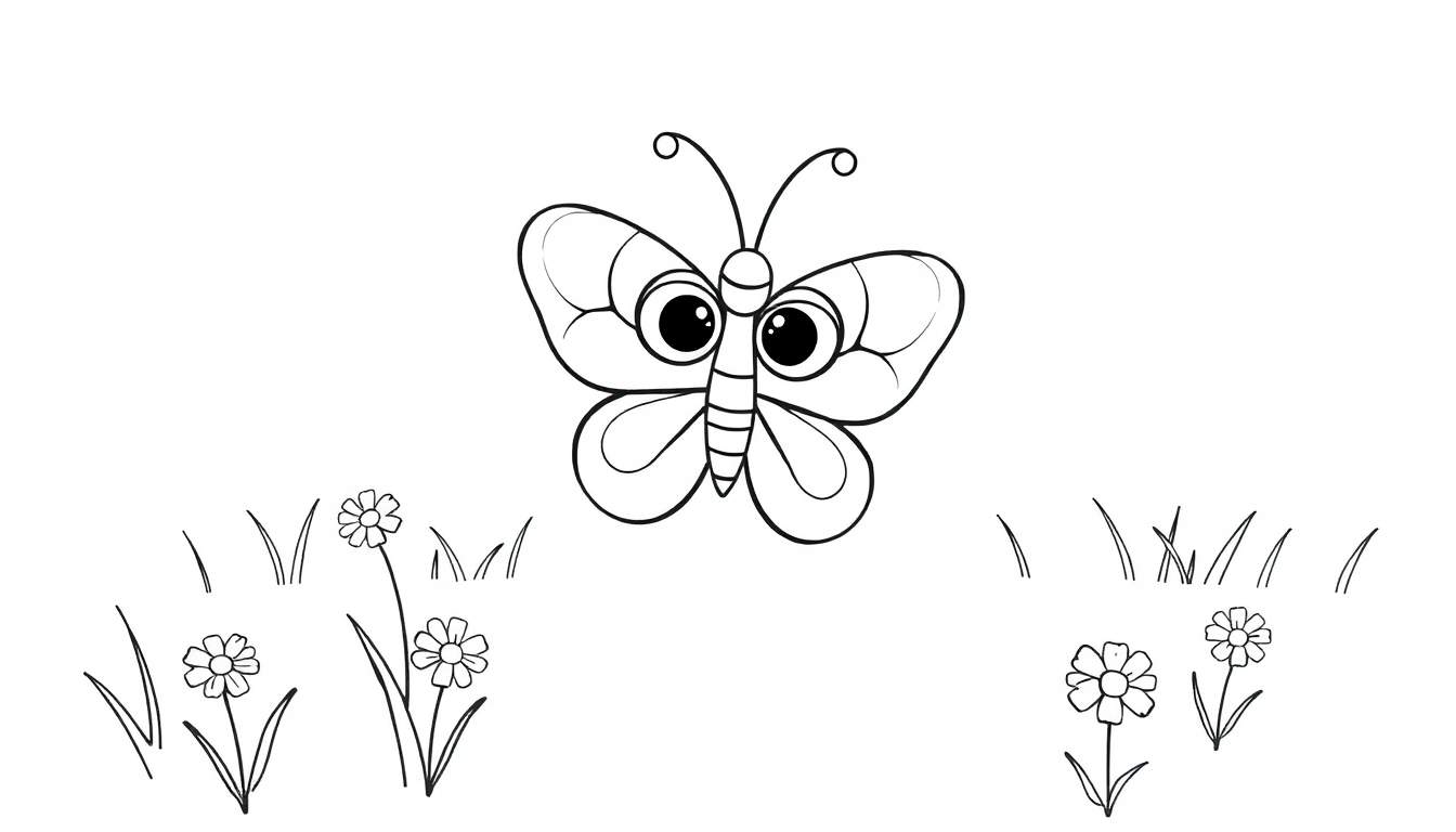 A cute black and white butterfly with big eyes, on a color panel, ready to be colored.