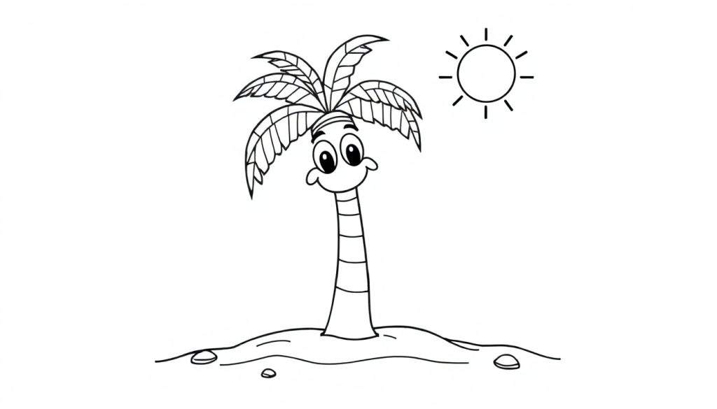 A cheerful black and white cartoon palm tree with a friendly face smiling on a sunny island, perfect for a color panel.
