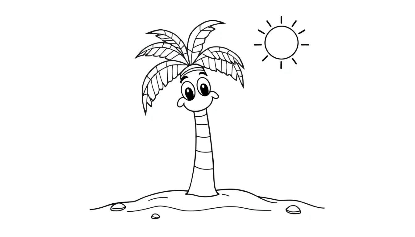 A cheerful black and white cartoon palm tree with a friendly face smiling on a sunny island, perfect for a color panel.