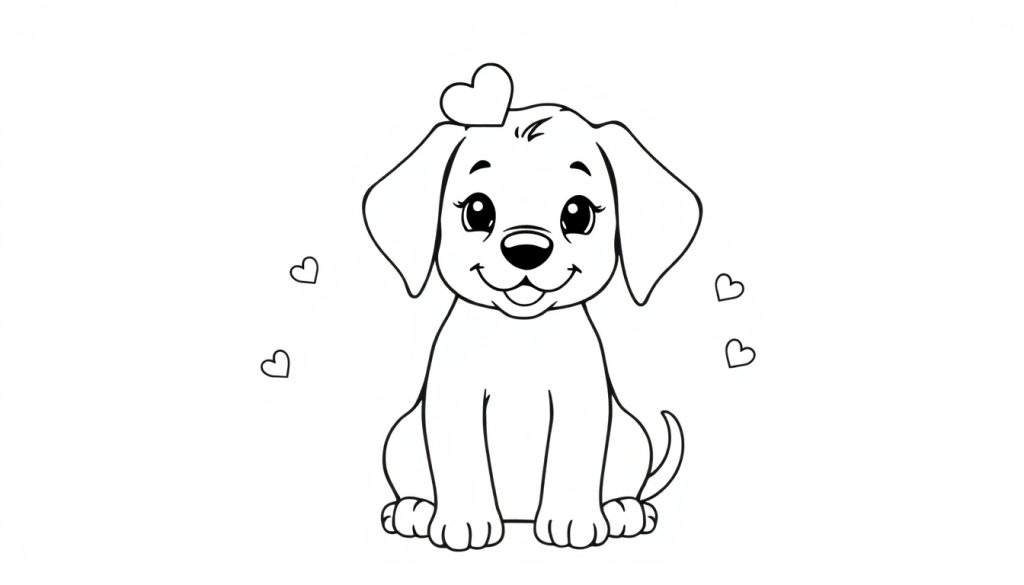 A cute black and white cartoon puppy wearing a heart-shaped hat, part of a color panel.