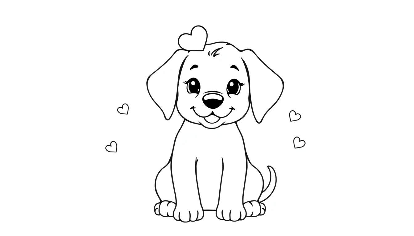 A cute black and white cartoon puppy wearing a heart-shaped hat, part of a color panel.