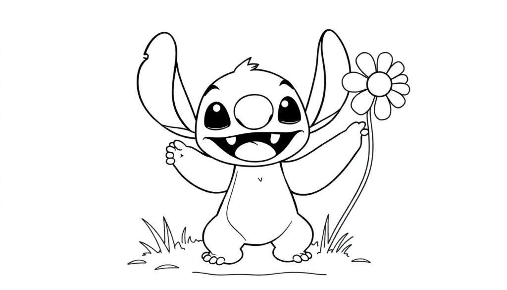 A cute black and white coloring page of Stitch holding a flower and waving hello with a big smile, part of a color panel.