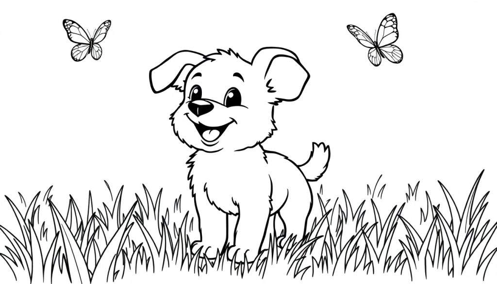 A fluffy puppy ready for the color panel, with butterflies fluttering above in a grassy field.