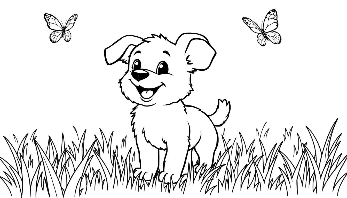A fluffy puppy ready for the color panel, with butterflies fluttering above in a grassy field.