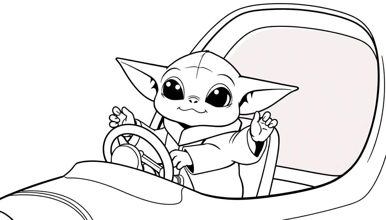 Grogu driving a spaceship, black and white coloring panel.