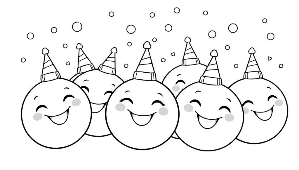 A black and white color panel of six cute, smiling baubles in party hats with confetti.
