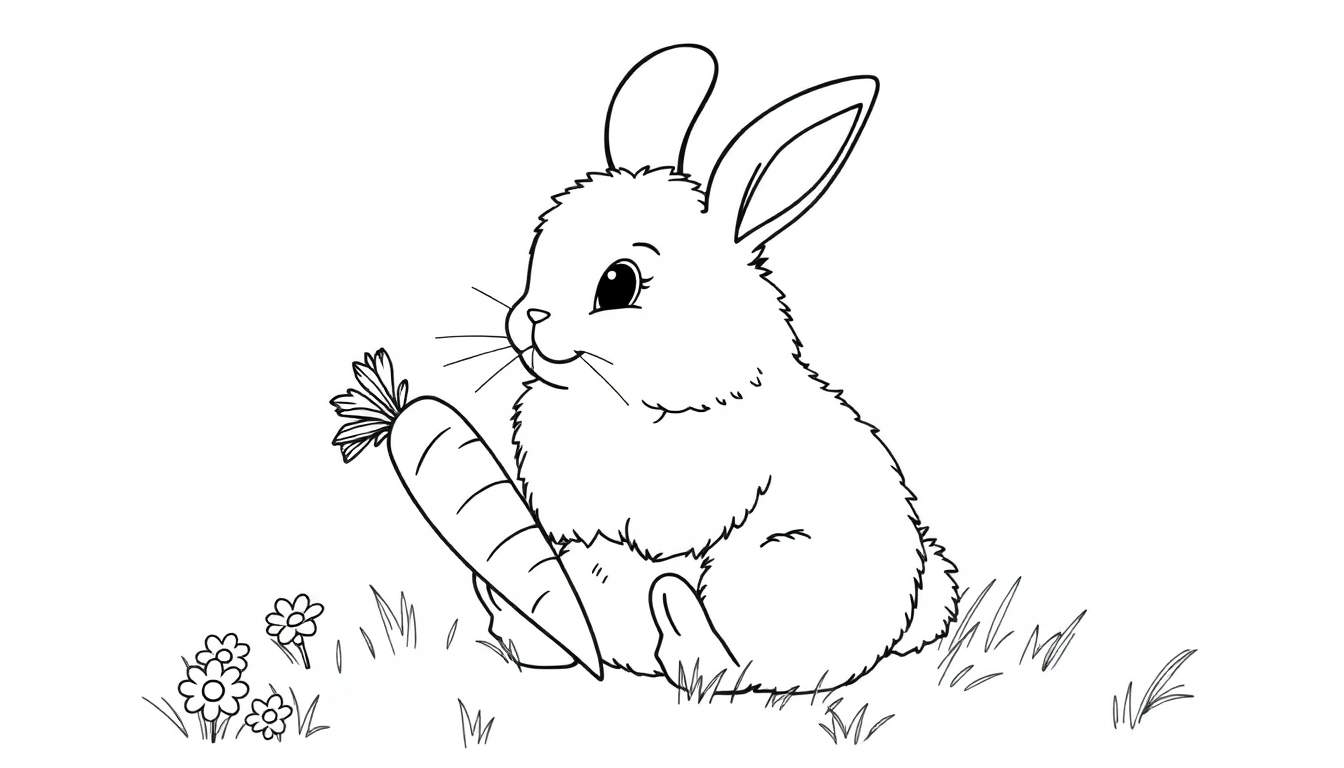 A black and white drawing of a bunny holding a carrot, perfect for a coloring panel.