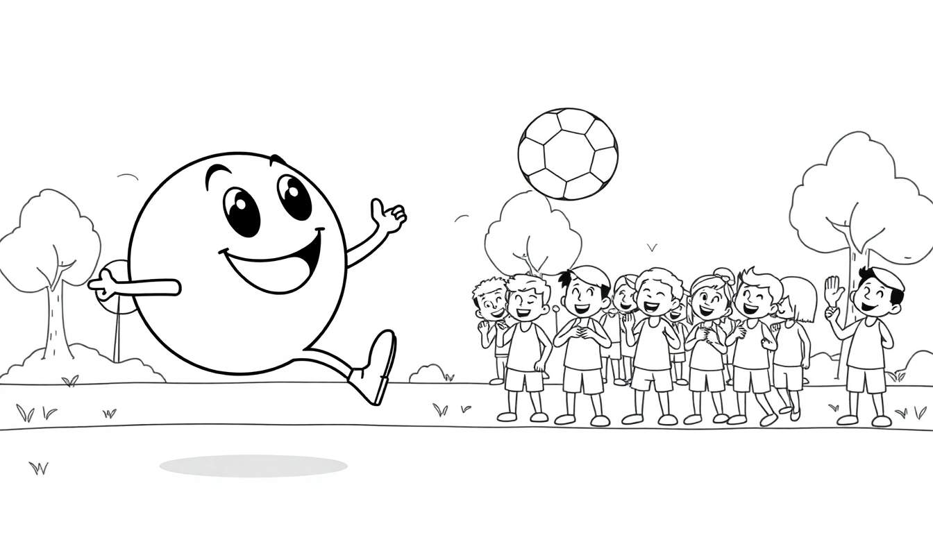 A round, smiling character running towards children watching a floating soccer ball in a park.