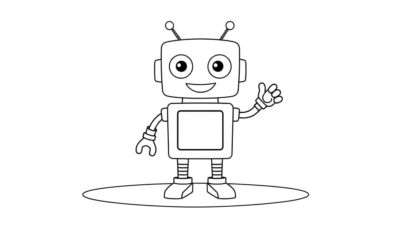 A black and white cartoon robot waving hello on a color panel.