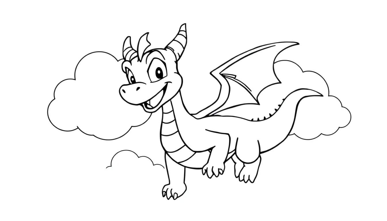 A cute black and white Spyro the Dragon ready for coloring, flying happily through a cloud color panel.