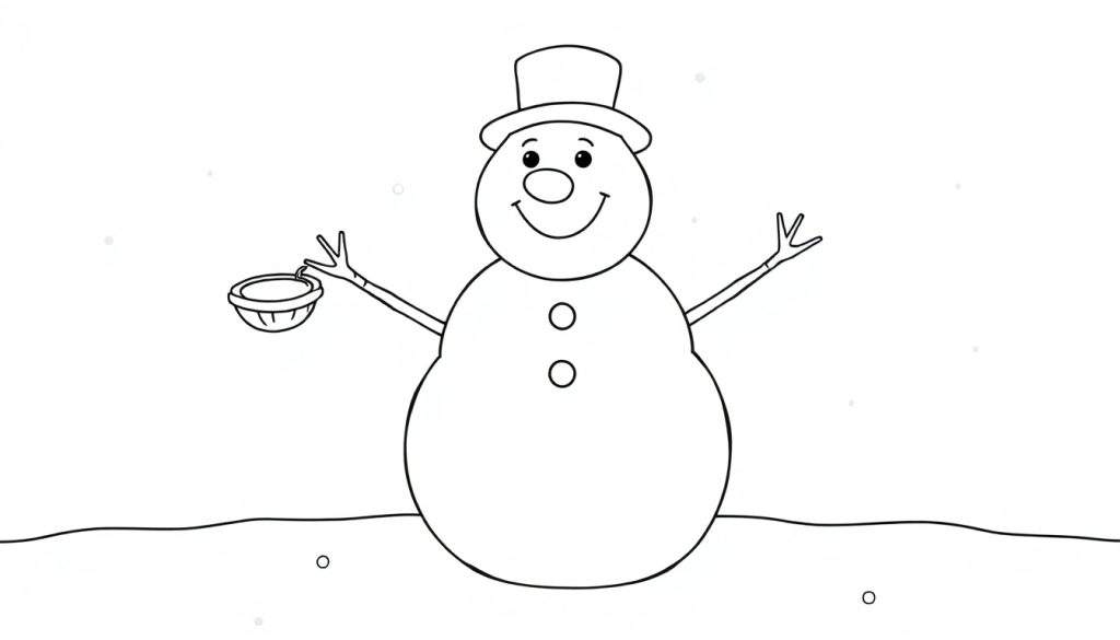 A friendly snowman with a top hat, twig arms, and a bowl in its hand, ready to be colored on this black and white color panel.