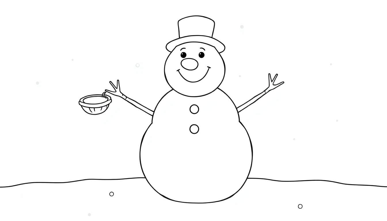 A friendly snowman with a top hat, twig arms, and a bowl in its hand, ready to be colored on this black and white color panel.