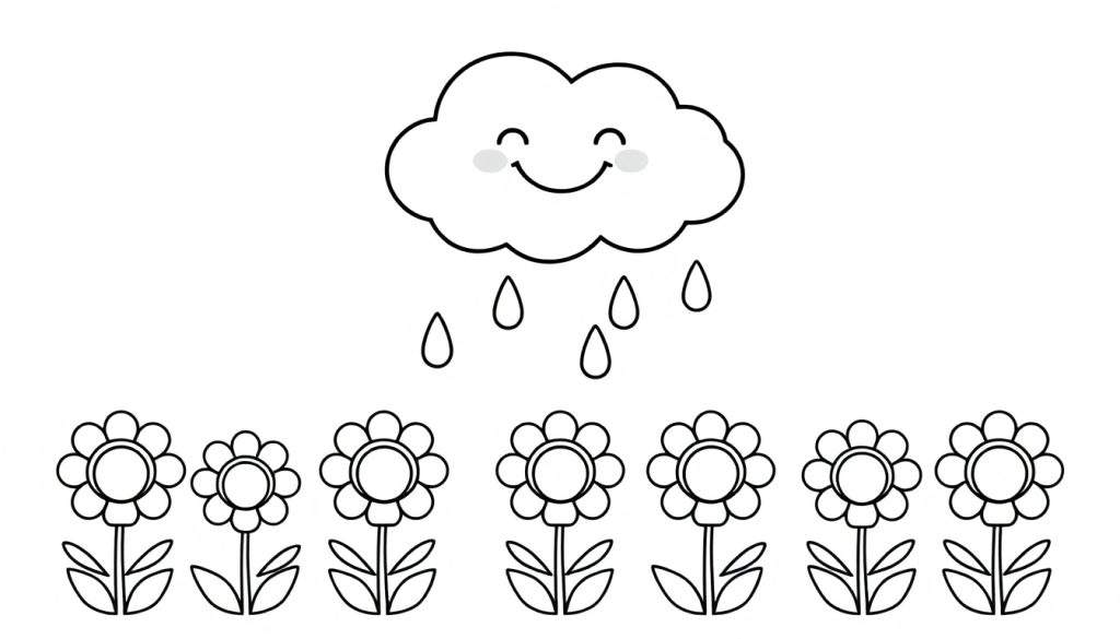 A happy cloud raining on flowers, a black and white color panel.