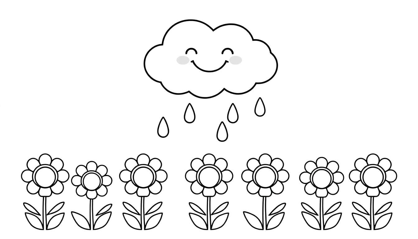 A happy cloud raining on flowers, a black and white color panel.