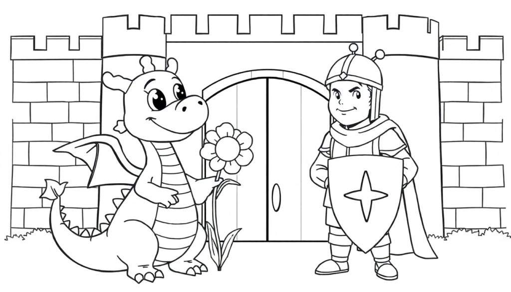 A friendly cartoon dragon and knight standing before a castle gate, presented as a black and white color panel.
