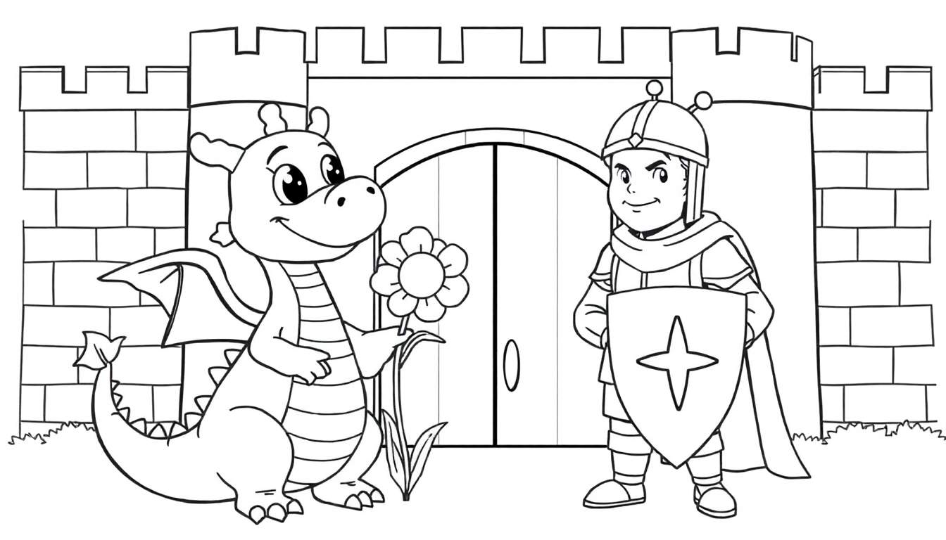 A friendly cartoon dragon and knight standing before a castle gate, presented as a black and white color panel.