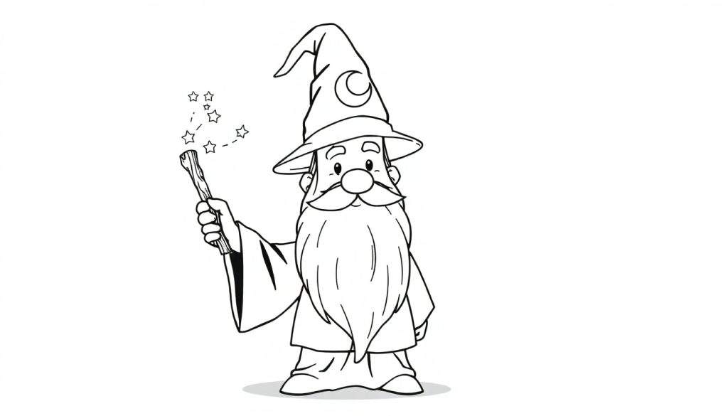 A friendly wizard with a pointy hat and a long beard, holding a magical wand with stars, a black and white color panel.