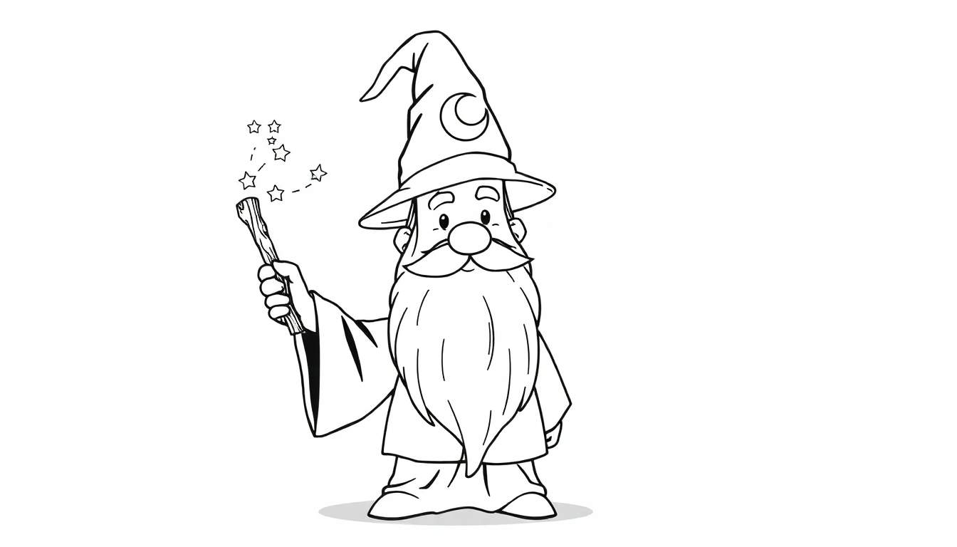 A friendly wizard with a pointy hat and a long beard, holding a magical wand with stars, a black and white color panel.