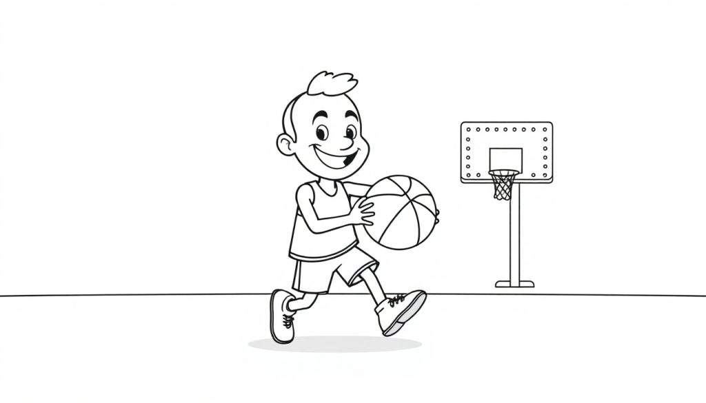 A cute cartoon boy playing basketball on a color panel, dribbling the ball.
