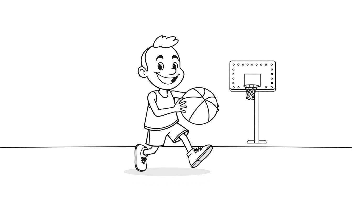 A cute cartoon boy playing basketball on a color panel, dribbling the ball.