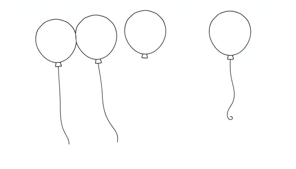 A simple black and white color panel drawing of four happy balloons with strings.