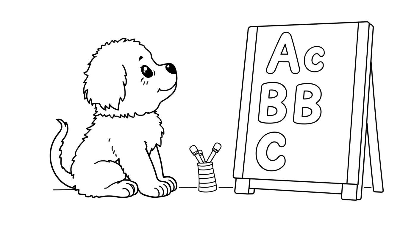 A black and white cartoon puppy sits by a color panel easel with A, B, C on it, holding a crayon cup. A fun learning color panel!