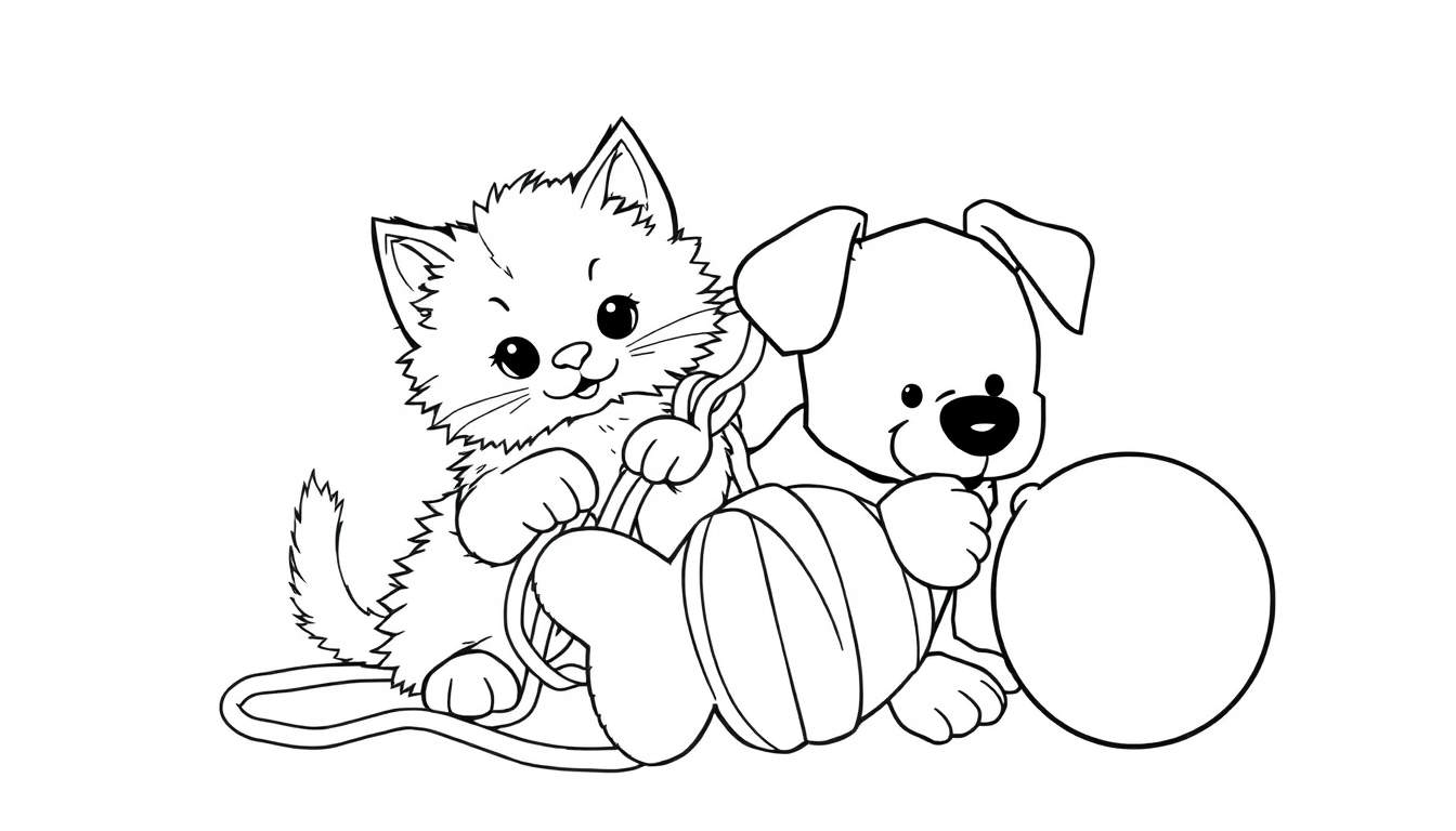 A fluffy kitten and a playful puppy tangled in colorful yarn.