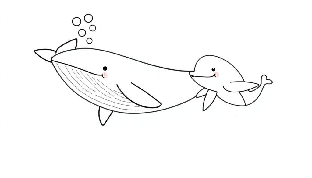 A happy whale and a friendly dolphin swimming together in this fun black and white color panel, with bubbles rising.