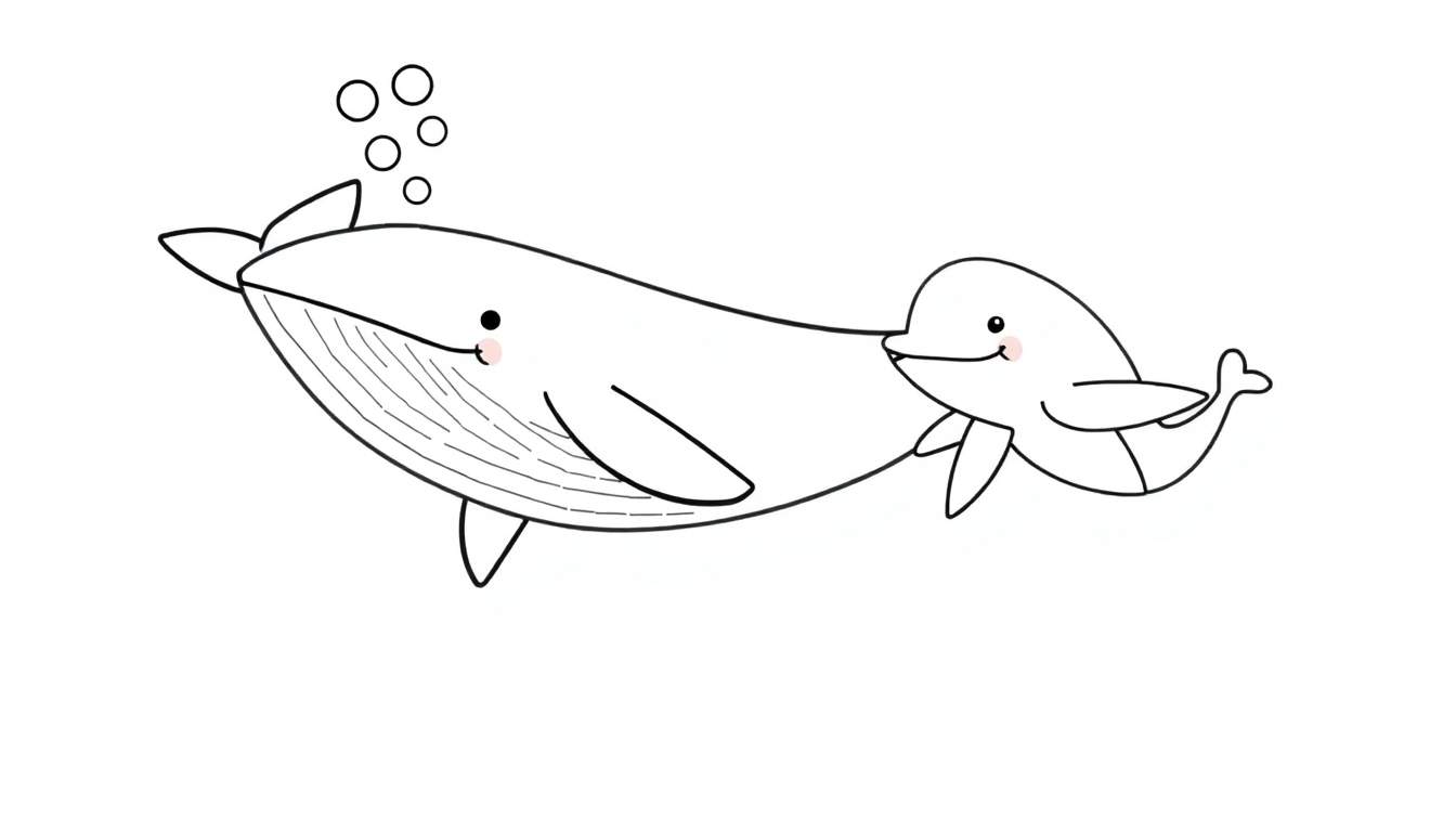 A happy whale and a friendly dolphin swimming together in this fun black and white color panel, with bubbles rising.