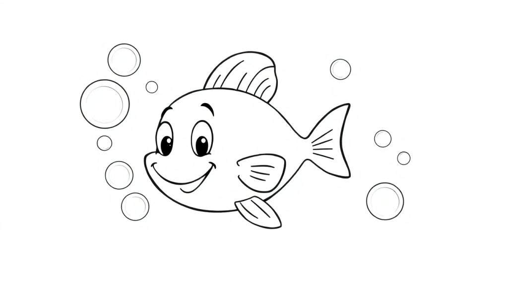 A cheerful black and white fish swimming amongst bubbles, ready for your color panel magic.